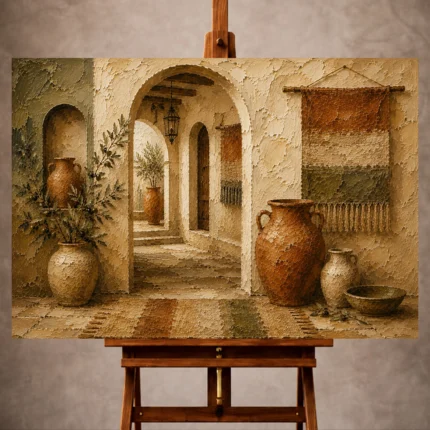Sand and muted bronze Mediterranean Ethnic Wall Art print for elegant interiors. No text or watermarks in design.