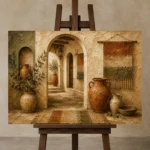 Sand & Muted Bronze Mediterranean Ethnic Wall Art Canvas Print displayed on a studio easel
