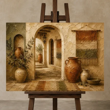 Sand & Muted Bronze Mediterranean Ethnic Wall Art Canvas Print displayed on a studio easel