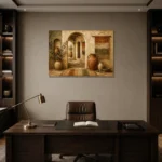 Sand & Muted Bronze Mediterranean Ethnic Wall Art Canvas Print displayed in a contemporary gallery-inspired room