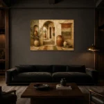 Sand & Muted Bronze Mediterranean Ethnic Wall Art Canvas Print shown in a warm modern interior