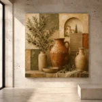 Olive, terracotta, and muted umber Mediterranean Ethnic Wall Art print for elegant interiors. No text or watermarks in design.