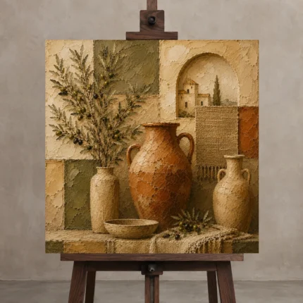 Olive & Terracotta Mosaic Mediterranean Ethnic Wall Art Canvas Print displayed on a studio easel