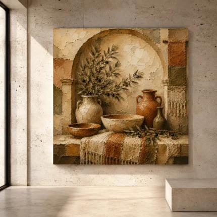 Sand, terracotta, and olive green Mediterranean Ethnic Wall Art print for elegant interiors. No text or watermarks in design.