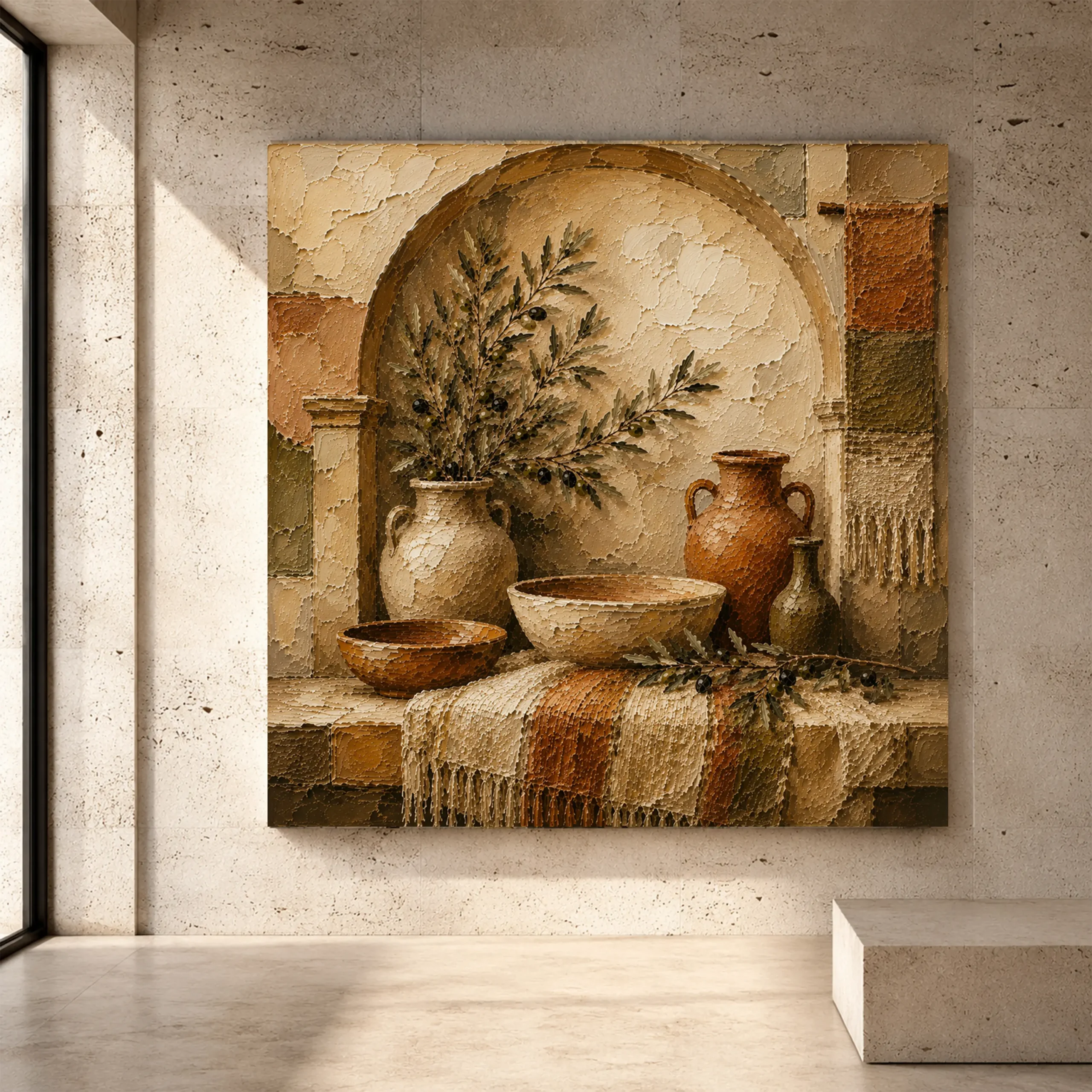 Premium Wall Art Kare Html Edition – ETNİCART062 Image 1 Sand, terracotta, and olive green Mediterranean Ethnic Wall Art print for elegant interiors. No text or watermarks in design.