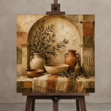 Sand & Terracotta Archway Mediterranean Ethnic Wall Art Canvas Print displayed on a studio easel