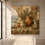 Terracotta and dusty stone Mediterranean Ethnic Wall Art print for elegant interiors. No text or watermarks in design.