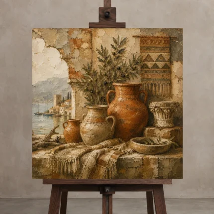 Terracotta & Dusty Stone Coastal Mediterranean Ethnic Wall Art Canvas Print displayed on a studio easel