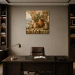Terracotta & Dusty Stone Coastal Mediterranean Ethnic Wall Art Canvas Print displayed in a contemporary gallery-inspired room