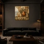 Terracotta & Dusty Stone Coastal Mediterranean Ethnic Wall Art Canvas Print shown in a warm modern interior