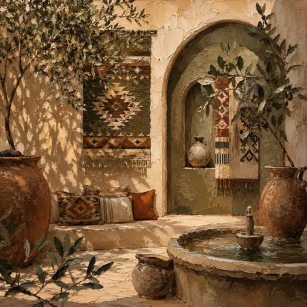 Olive & Muted Bronze Courtyard Mediterranean Ethnic Wall Art Canvas Print