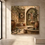 Olive and muted bronze Mediterranean Ethnic Wall Art print for elegant interiors. No text or watermarks in design.