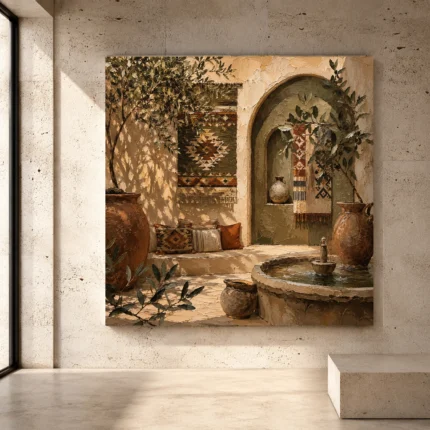 Olive and muted bronze Mediterranean Ethnic Wall Art print for elegant interiors. No text or watermarks in design.
