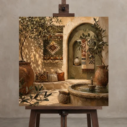 Olive & Muted Bronze Courtyard Mediterranean Ethnic Wall Art Canvas Print shown in Studio Easel