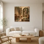Olive & Muted Bronze Courtyard Mediterranean Ethnic Wall Art Canvas Print styled in a refined neutral interior