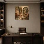 Olive & Muted Bronze Courtyard Mediterranean Ethnic Wall Art Canvas Print displayed in a contemporary gallery-inspired room