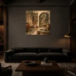 Olive & Muted Bronze Courtyard Mediterranean Ethnic Wall Art Canvas Print shown in a warm modern interior