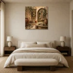 Olive & Muted Bronze Courtyard Mediterranean Ethnic Wall Art Canvas Print showcased in an elegant minimalist interior