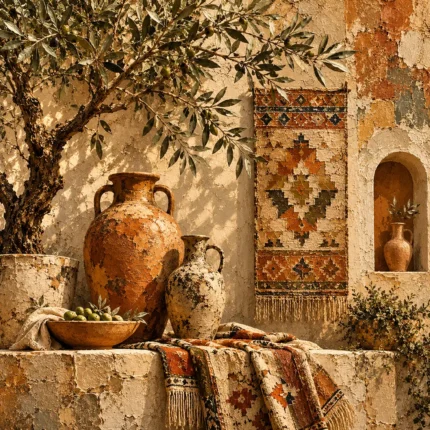 Olive & Faded Ochre Fresco Mediterranean Ethnic Wall Art Canvas Print