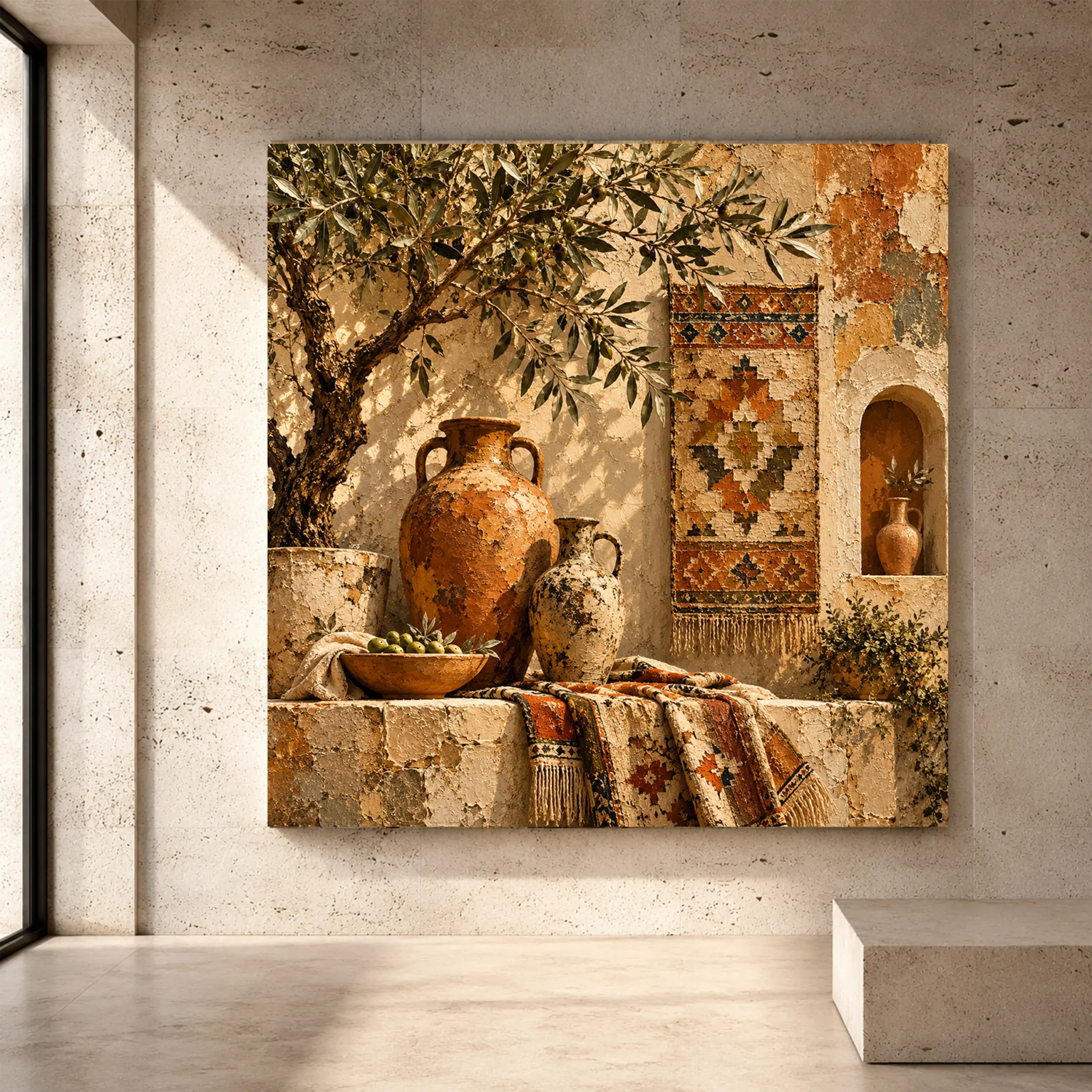 Premium Wall Art Kare Html Edition – ETNİCART065 Image 1 Olive and faded ochre Mediterranean Ethnic Wall Art print for elegant interiors. No text or watermarks in design.