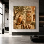 Olive & Faded Ochre Fresco Mediterranean Ethnic Wall Art Canvas Print - Image 3