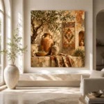 Olive & Faded Ochre Fresco Mediterranean Ethnic Wall Art Canvas Print - Image 8