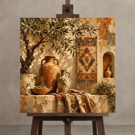 Olive & Faded Ochre Fresco Mediterranean Ethnic Wall Art Canvas Print displayed on a studio easel