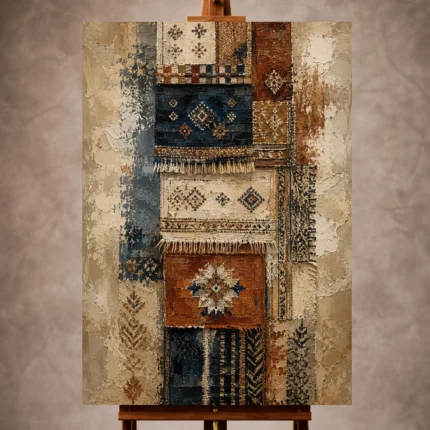 Indigo and rust Global Textile Wall Art print for elegant interiors. No text or watermarks in design.