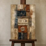 Indigo & Rust Global Textile Wall Art Canvas Print displayed on a studio easel