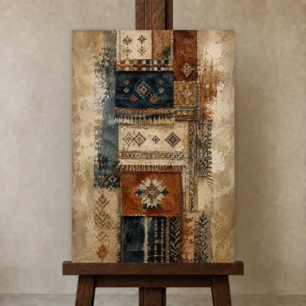 Indigo & Rust Global Textile Wall Art Canvas Print shown in Studio Easel