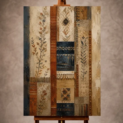 Rust and indigo Global Textile Wall Art print for elegant interiors. No text or watermarks in design.