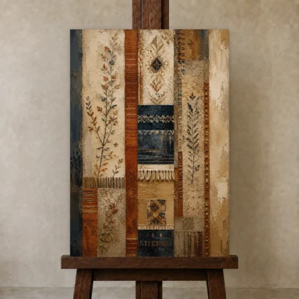 Rust & Indigo Global Textile Wall Art Canvas Print shown in Studio Easel