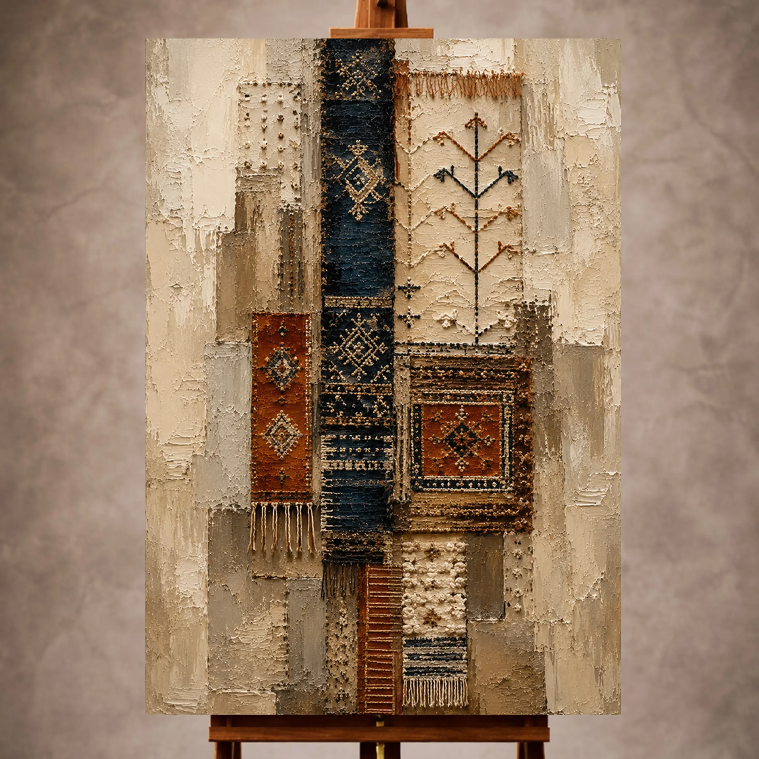 Premium Wall Art Dikey Html Edition – ETNİCART068 Image 1 Ivory and indigo Global Textile Wall Art print for elegant interiors. No text or watermarks in design.