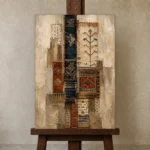 Ivory & Indigo Textile Relic Global Textile Wall Art Canvas Print displayed on a studio easel