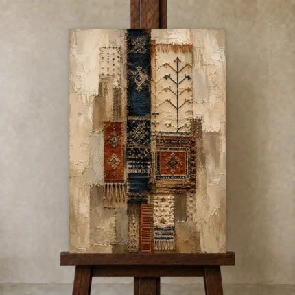 Ivory & Indigo Textile Relic Global Textile Wall Art Canvas Print shown in Studio Easel