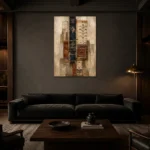 Ivory & Indigo Textile Relic Global Textile Wall Art Canvas Print shown in a warm modern interior