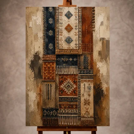 Indigo and rust Global Textile Wall Art print for elegant interiors. No text or watermarks in design.