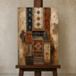 Indigo & Rust Tapestry Global Textile Wall Art Canvas Print displayed on a studio easel