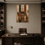 Indigo & Rust Tapestry Global Textile Wall Art Canvas Print displayed in a contemporary gallery-inspired room