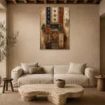Indigo & Rust Tapestry Global Textile Wall Art Canvas Print presented in a sophisticated home setting