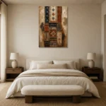 Indigo & Rust Tapestry Global Textile Wall Art Canvas Print showcased in an elegant minimalist interior
