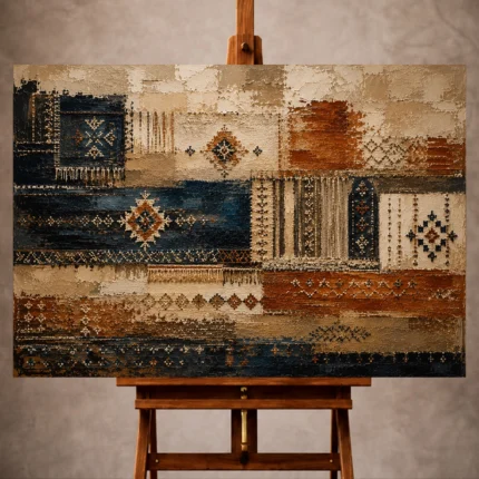 Indigo and rust Global Textile Wall Art print for elegant interiors. No text or watermarks in design.