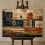 Indigo & Rust Heirloom Global Textile Wall Art Canvas Print displayed on a studio easel