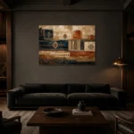 Indigo & Rust Heirloom Global Textile Wall Art Canvas Print shown in a warm modern interior