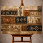 Rust and indigo Global Textile Wall Art print for elegant interiors. No text or watermarks in design.