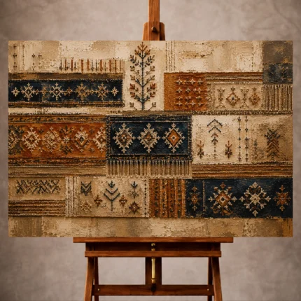 Rust and indigo Global Textile Wall Art print for elegant interiors. No text or watermarks in design.