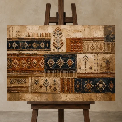 Rust & Indigo Museum Global Textile Wall Art Canvas Print displayed on a studio easel