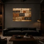 Rust & Indigo Museum Global Textile Wall Art Canvas Print shown in a warm modern interior