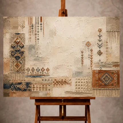 Ivory and faded indigo Global Textile Wall Art print for elegant interiors. No text or watermarks in design.