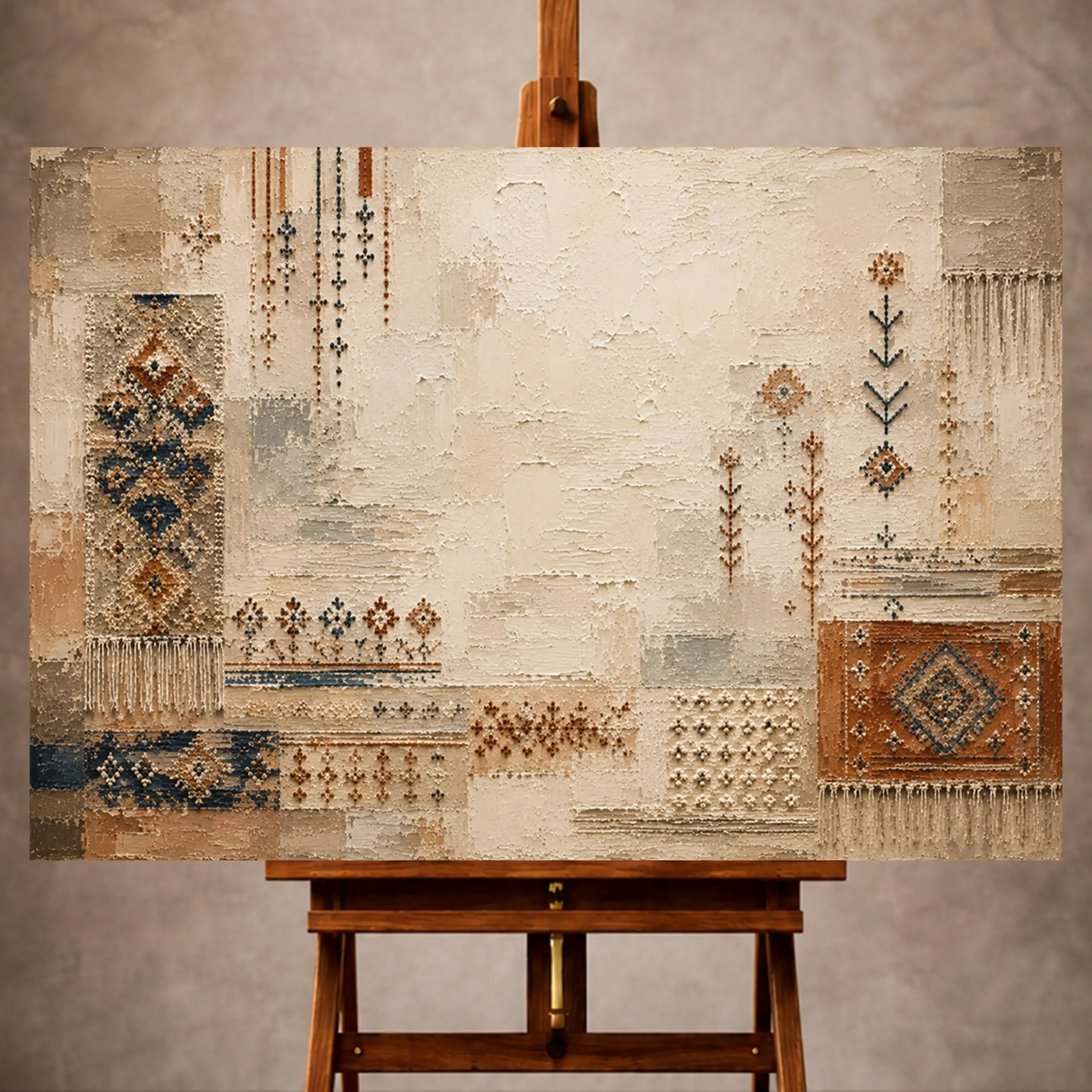 Premium Wall Art Yatay Html Edition – ETNİCART073 Image 1 Ivory and faded indigo Global Textile Wall Art print for elegant interiors. No text or watermarks in design.